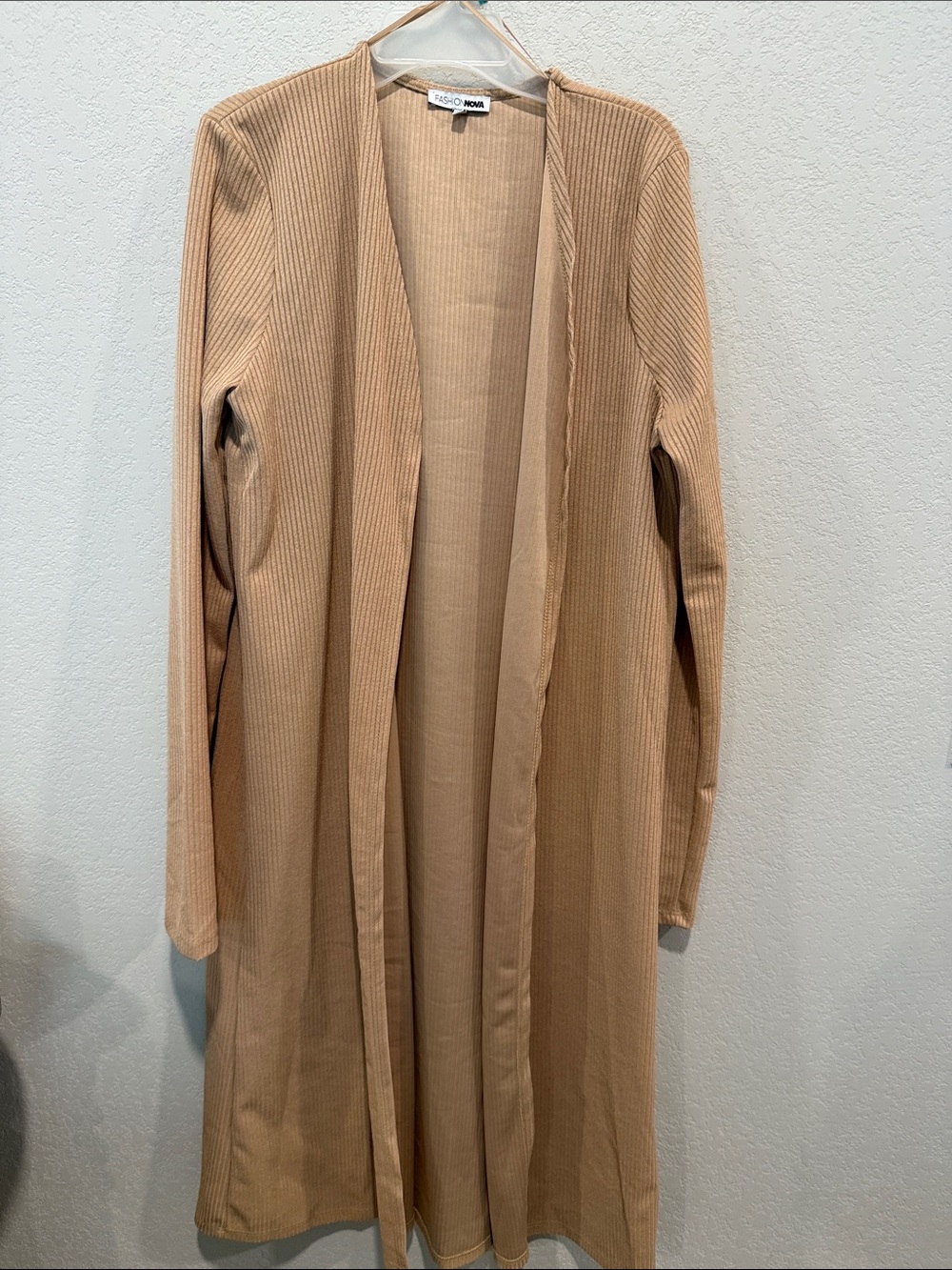 Fashion Nova Ribbed Open Front Long Coatigan - Tan